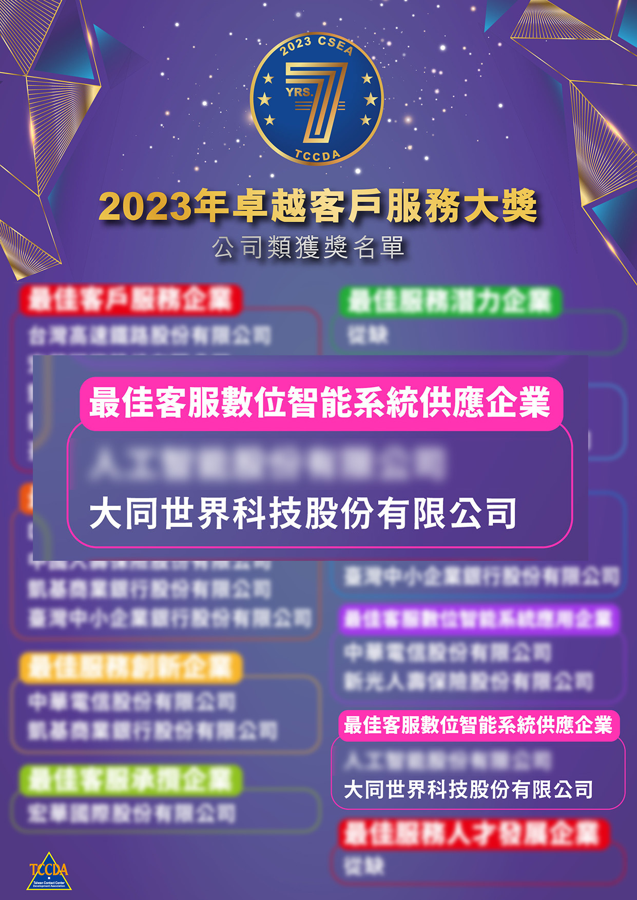 2023 CSEA 卓越客戶服務大獎獲獎名單公布囉！  最佳客服數位智能系統供應企業 大同世界科技股份有限公司